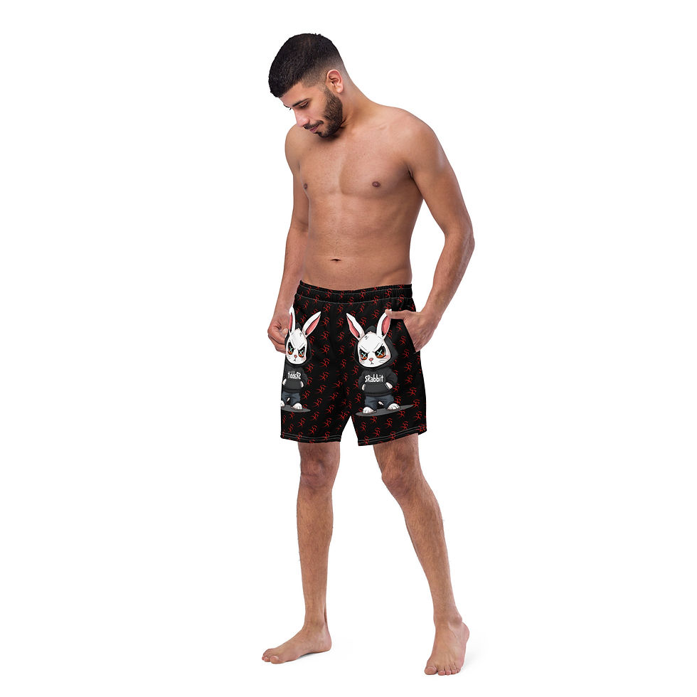 Thumbnail: Man modeling black shorts featuring cool bunny print