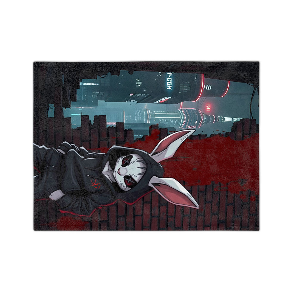 Anthropomorphic rabbit rests in dystopian city