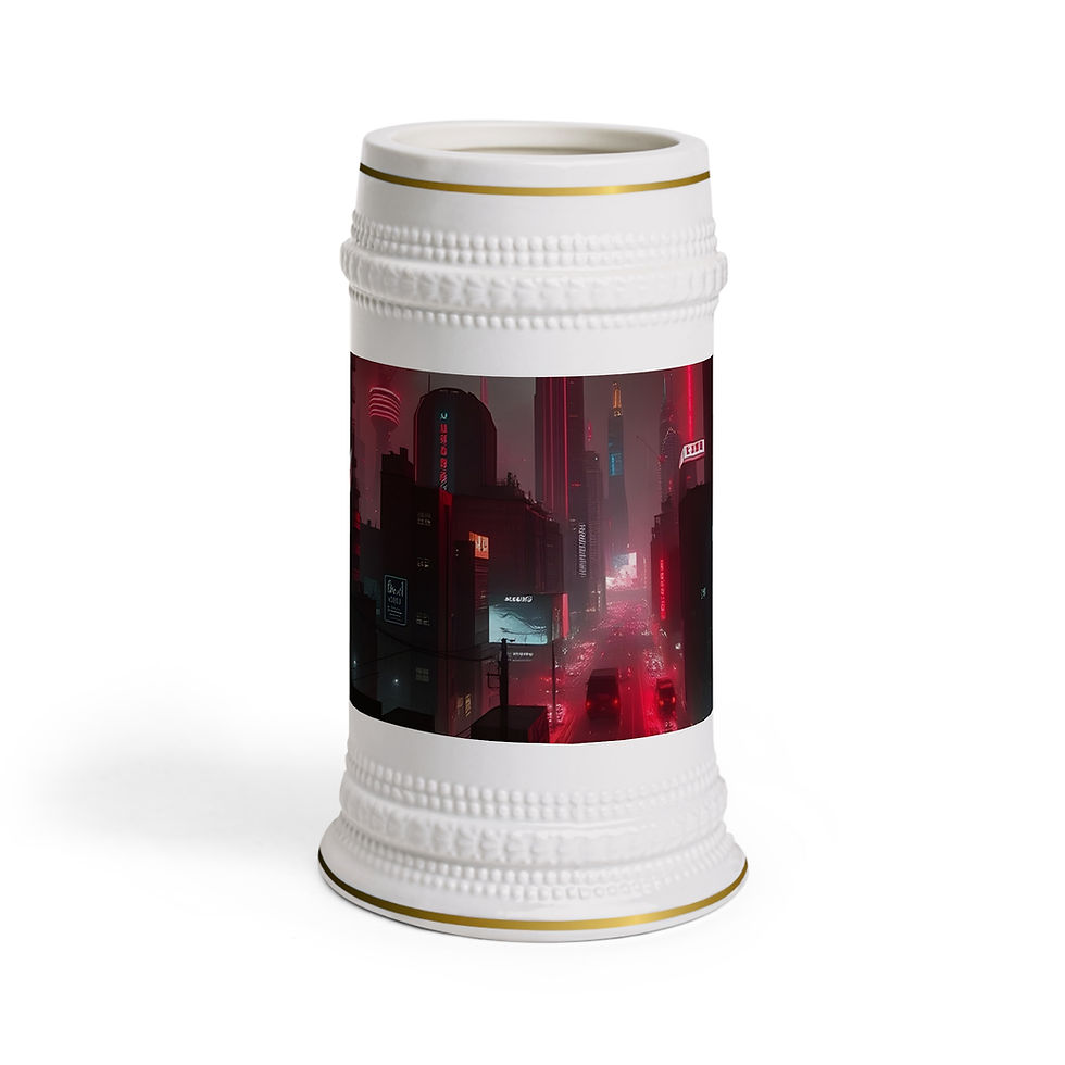 White beer stein with cyberpunk city print