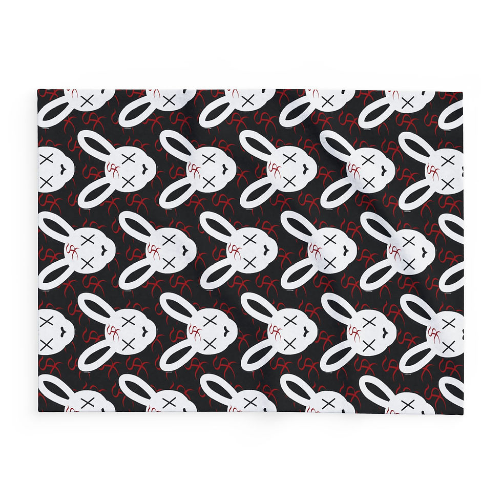 Black background with repeating pattern of white bunny rabbit faces and red X's