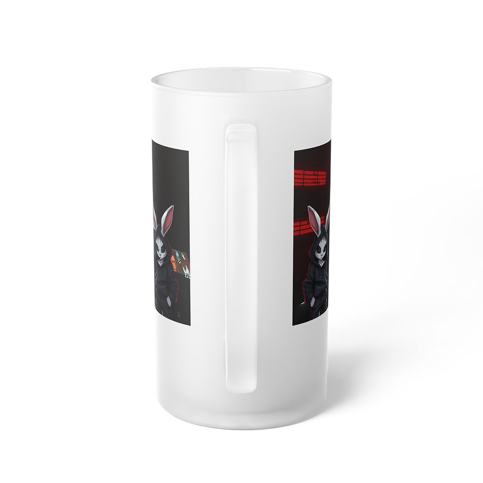 White frosted glass beer mug with edgy bunny graphic