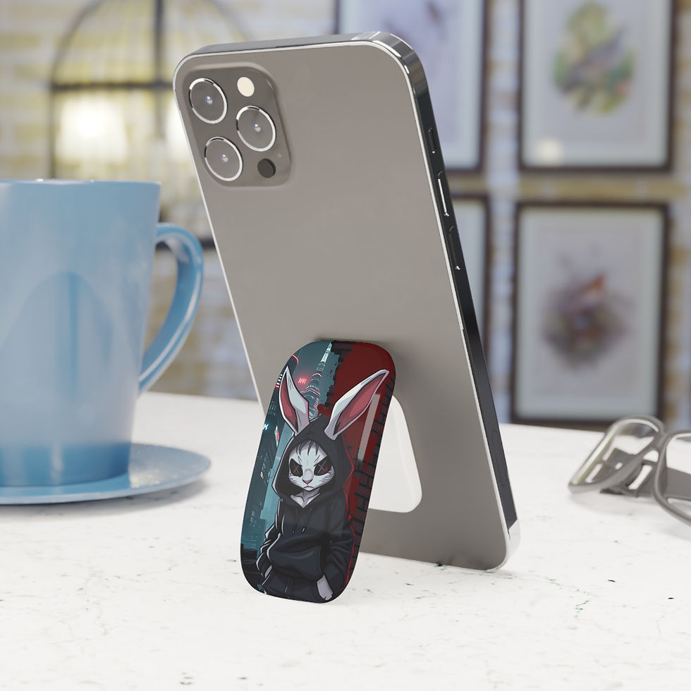 Phone stand with edgy rabbit graphic