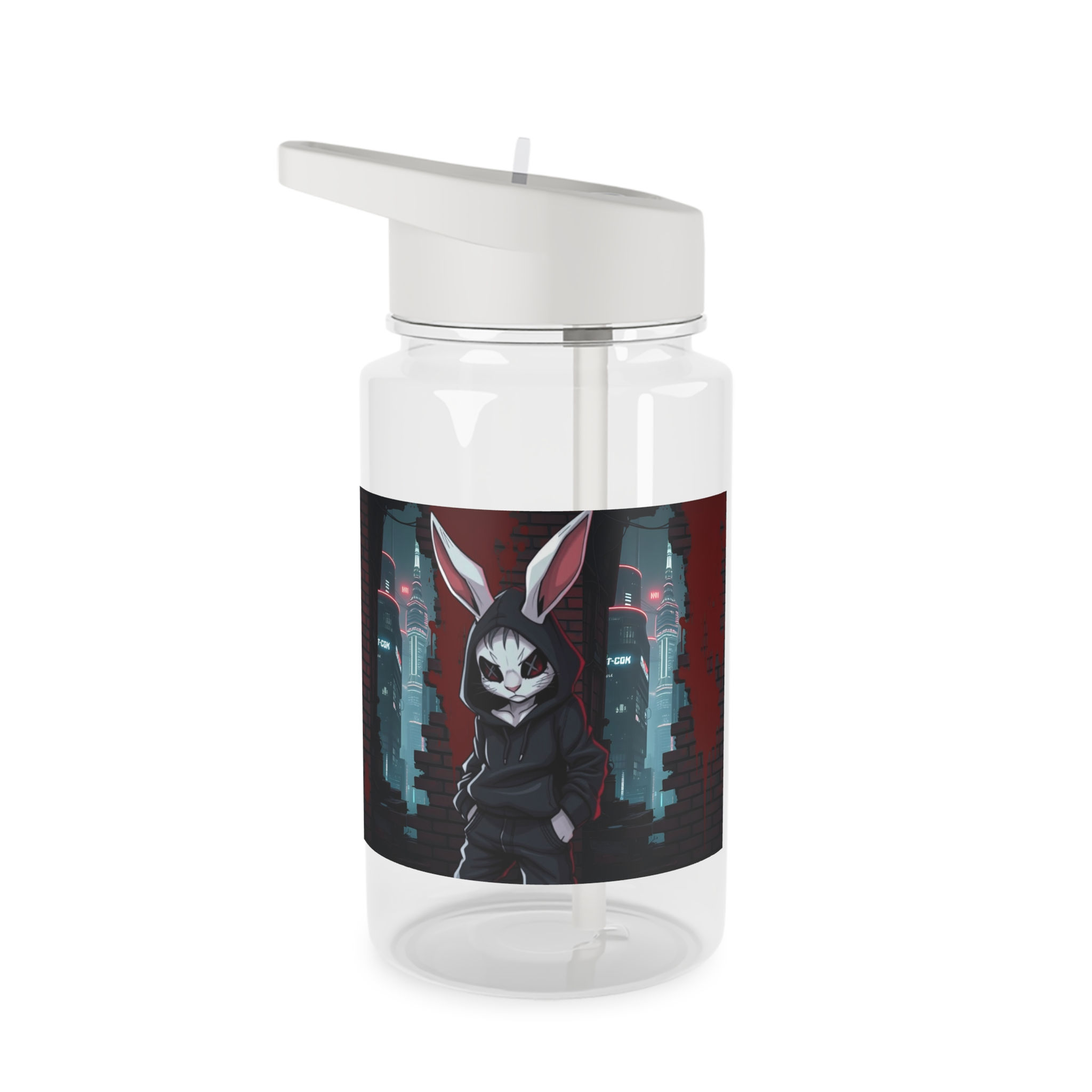 SRabbits Red Runner Slim Water Bottl featuring a dark bunny illustration