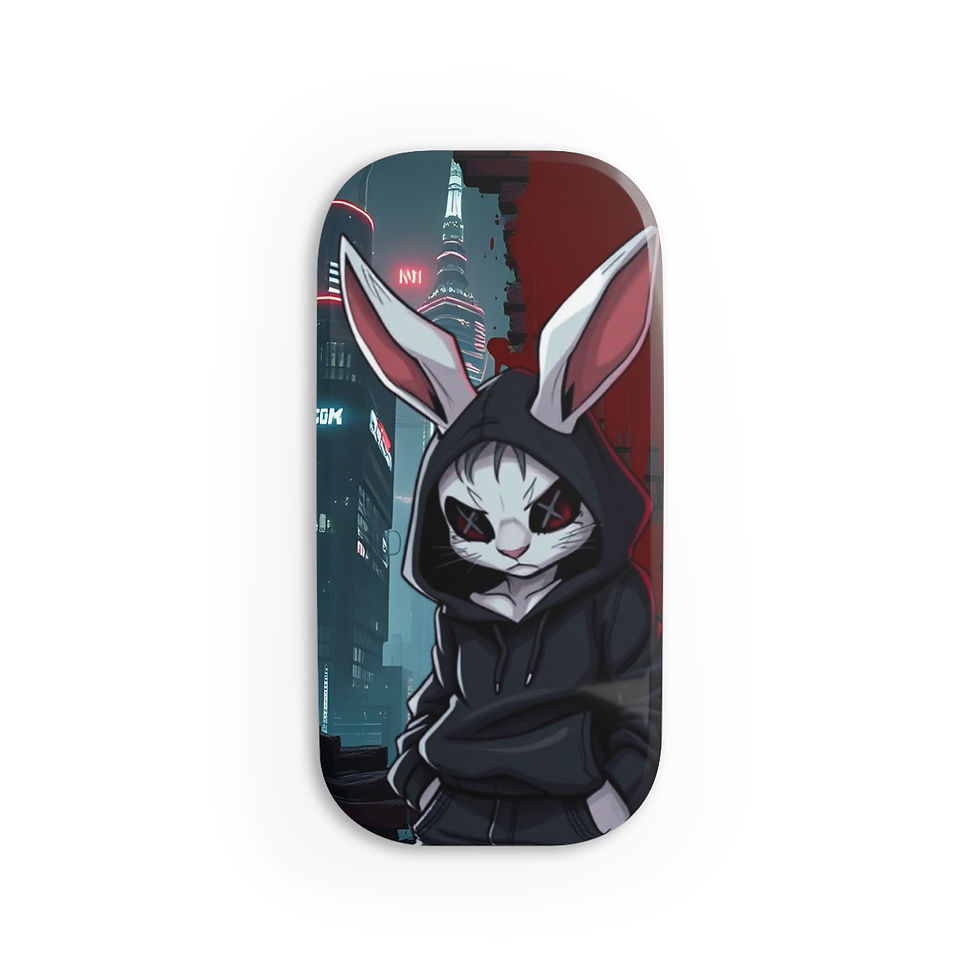 Anthropomorphic rabbit in hoodie, cyberpunk city backdrop