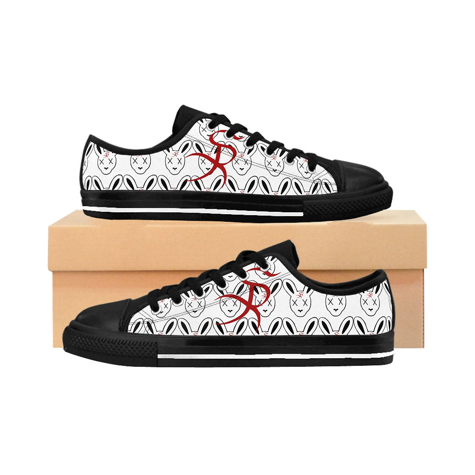 Black canvas sneakers with red logo