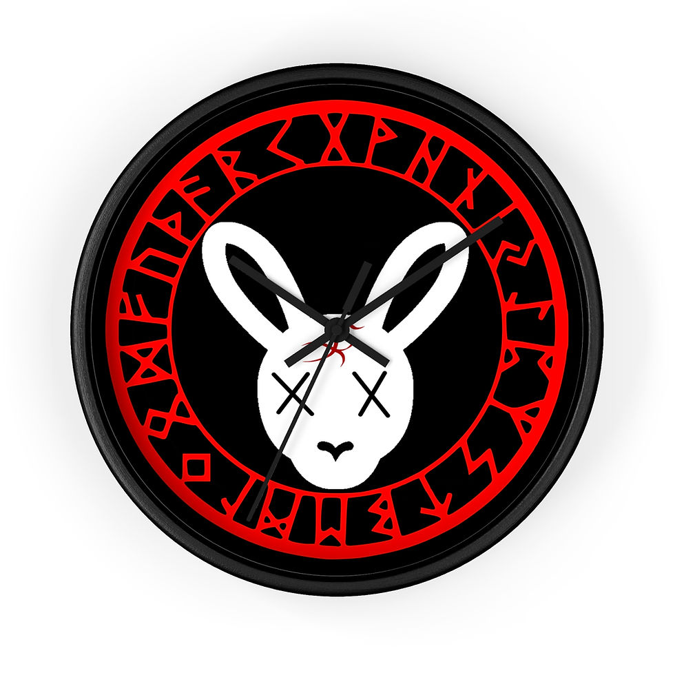 Black clock with red runes and white rabbit