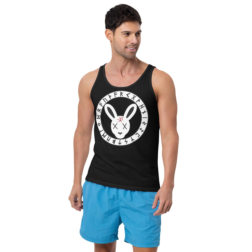 Man in black tank top with rabbit logo