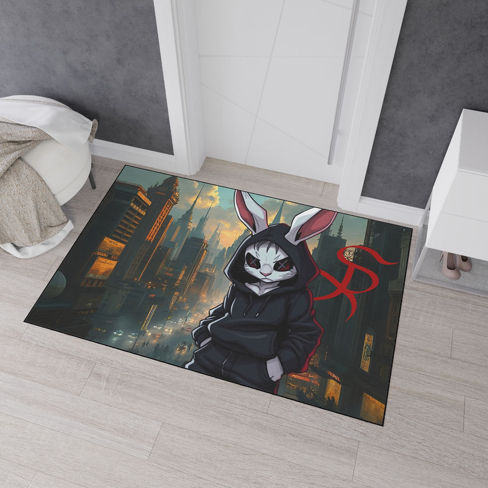Thumbnail: Anthropomorphic rabbit rug, urban backdrop