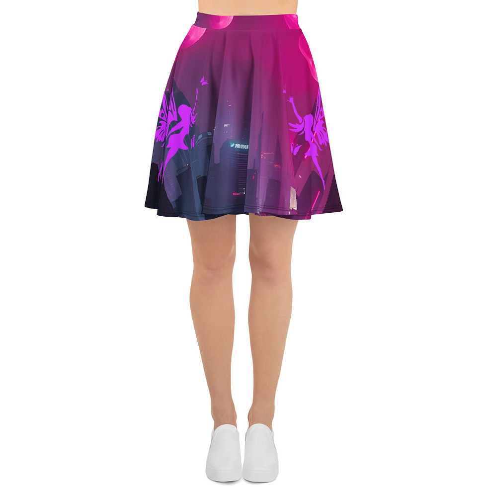 Woman modeling skater skirt, pink and purple design