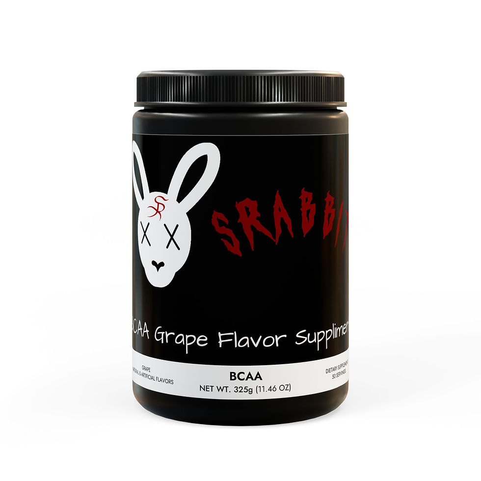 SRABBIT BCAA supplement jar, black label with grape flavoring and rabbit logo