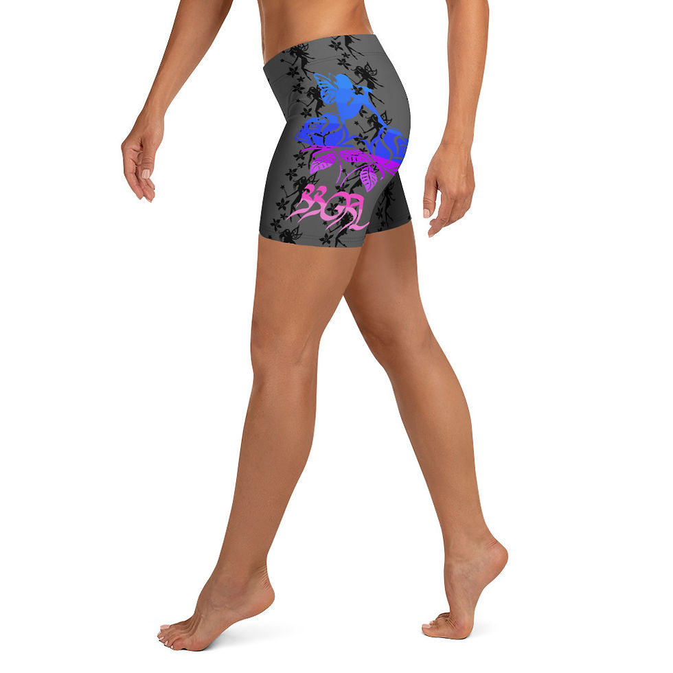 Thumbnail: Woman wearing gray shorts with blue and pink design