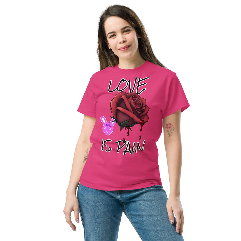 Thumbnail: Woman in graphic tee: "LOVE IS PAIN"