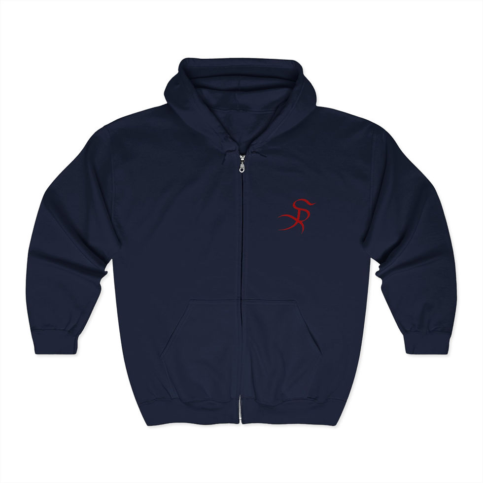 Thumbnail: Navy blue zip-up hoodie with red logo
