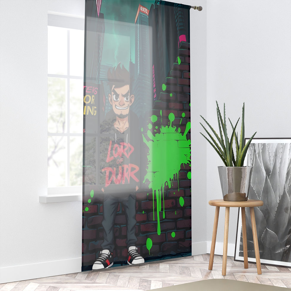 Graffiti-style curtain with a male figure, "LOVE IS WAR" text