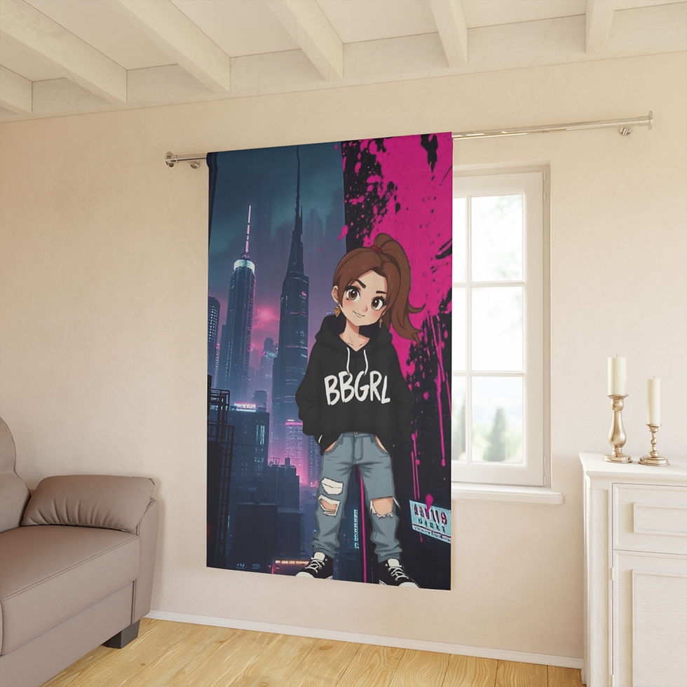 Anime girl window curtain, NYC backdrop