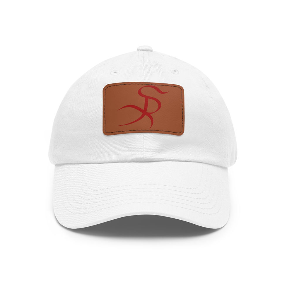 White dad hat with red logo patch