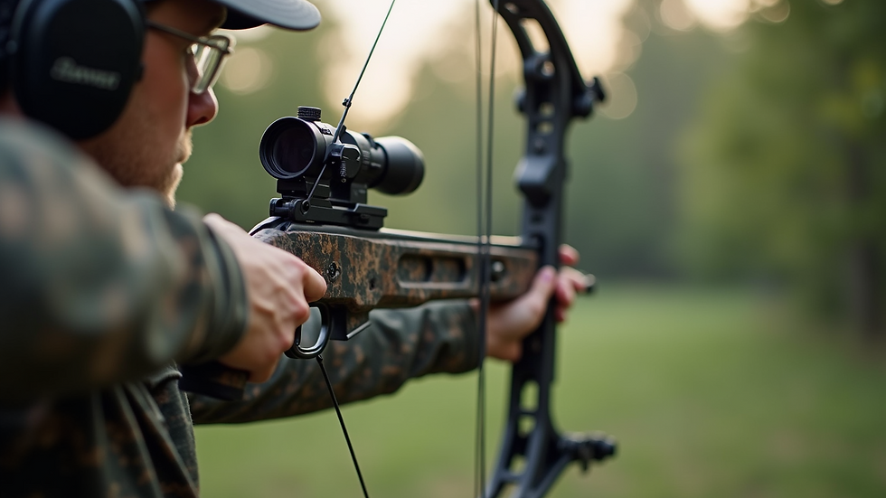 Eye-level view of a compound bow with attached stabilizer and sight