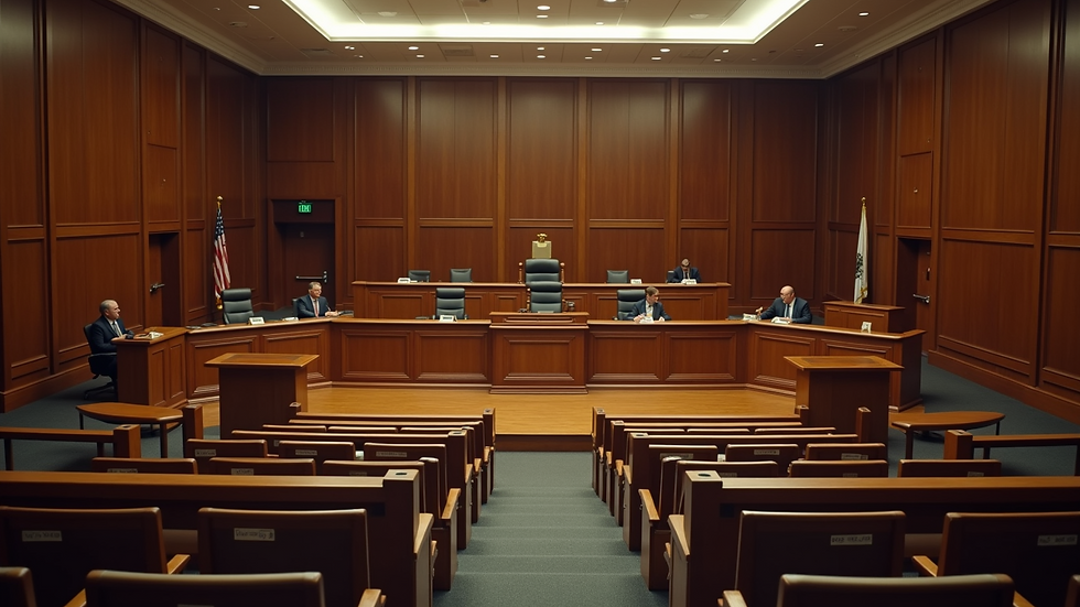 High angle view of courtroom with empty seats and judge’s bench