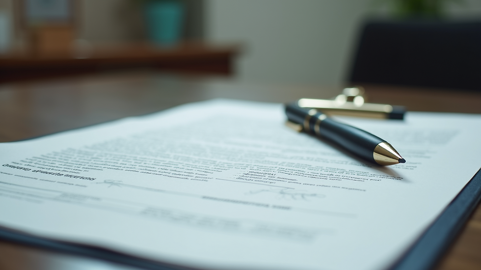 Close-up view of legal documents and a pen on a desk