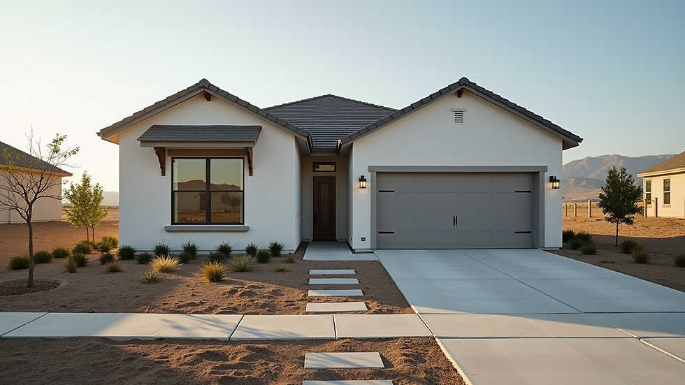 Eye-level view of a newly constructed home showcasing its exterior design
