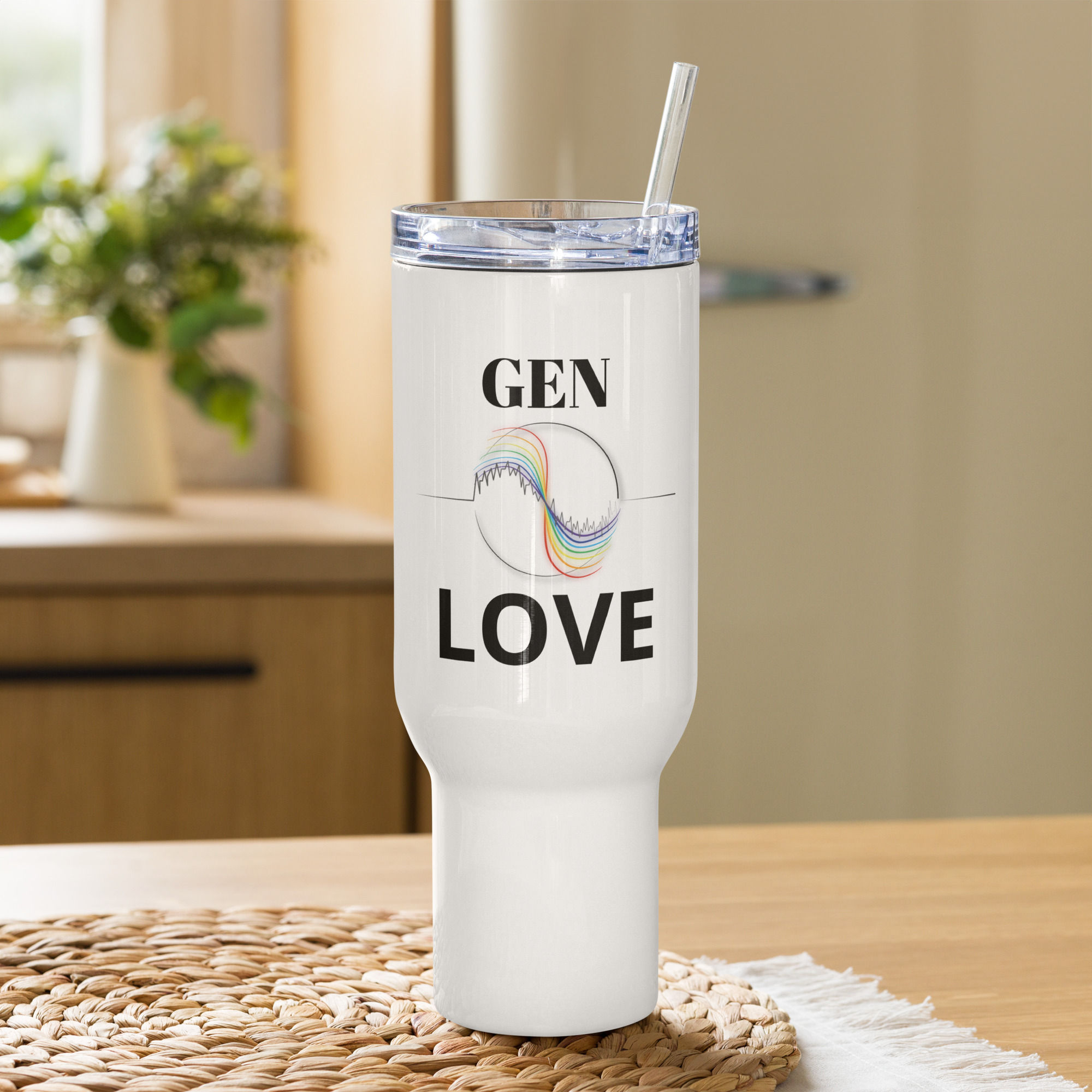 Gen Love Reisebecher, 1183 ml, Vorderansicht, Strohhalm, 100 % umweltfreundliches Material, Mikrowellen- & spülmaschinenfest