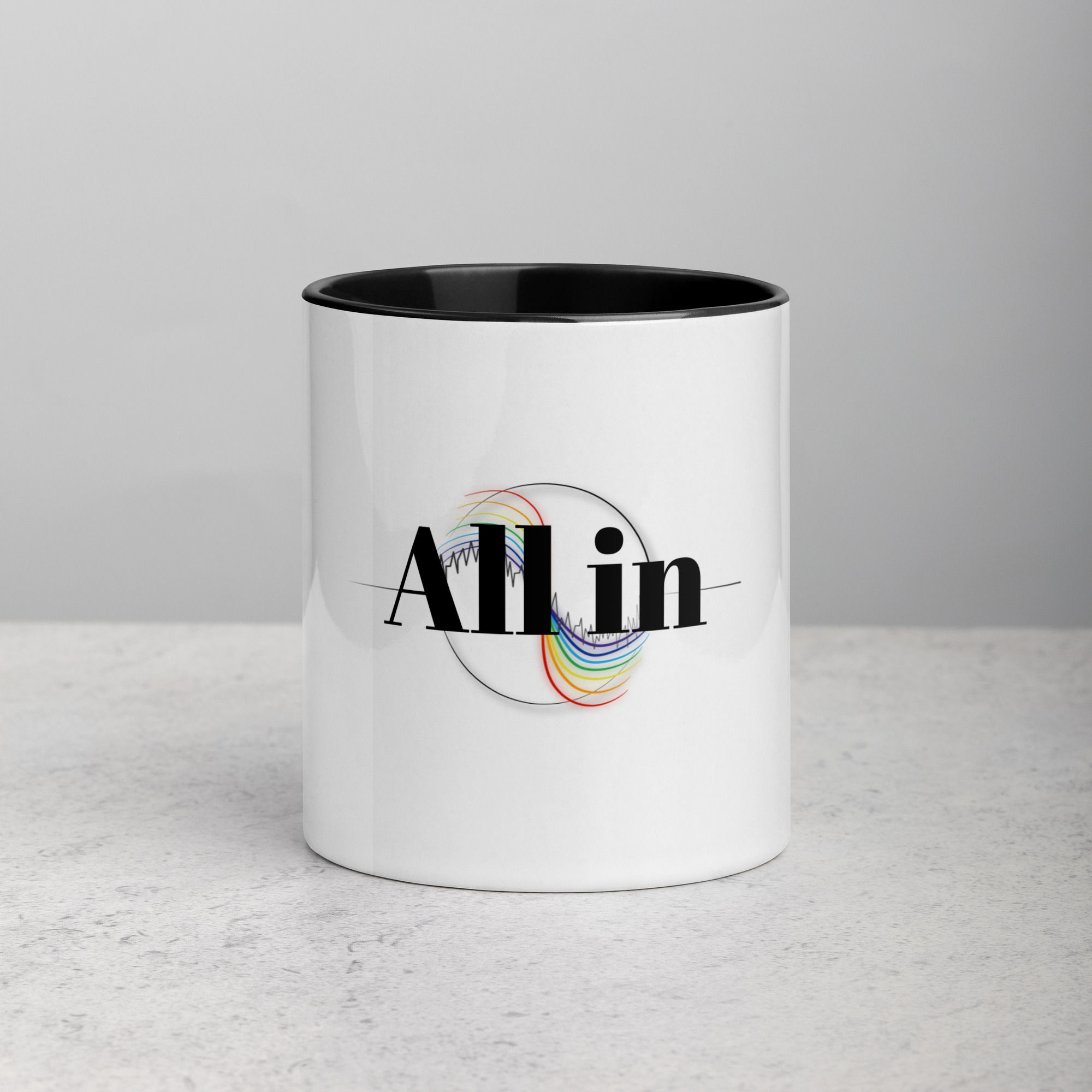 ALL IN Tasse, Keramik, schwarz, Vorderansicht, Frei von Blei und BPA