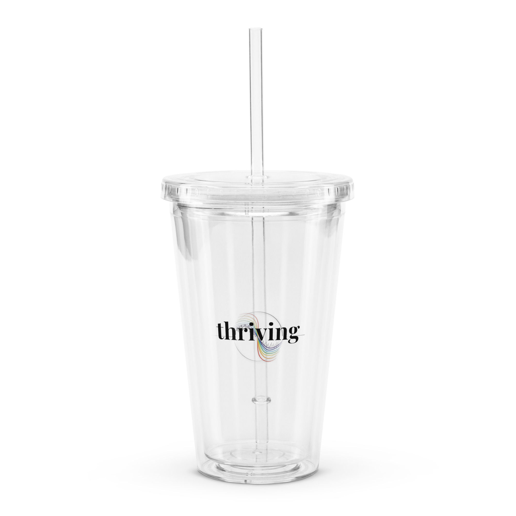 Thriving to go Becher, Vorderansicht, mit Strohhalm und Schraubdeckel, Fassungsvermögen: 590 ml