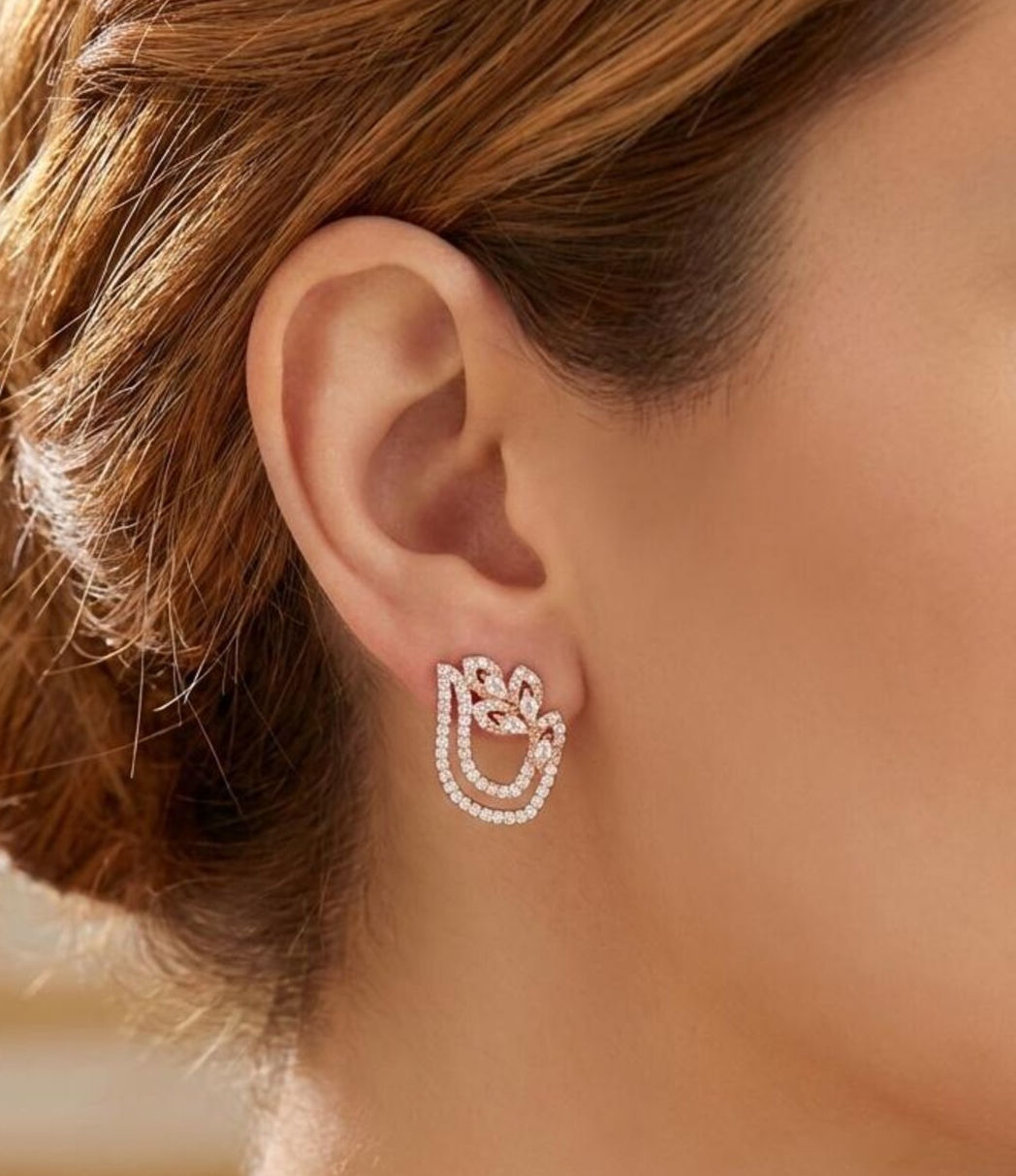 Rose Gold Leaf Stud Earrings, 0.91ct Moissanite