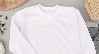 Blank and plain white sweater mockup photo with jeans and sneakers on the background. Use