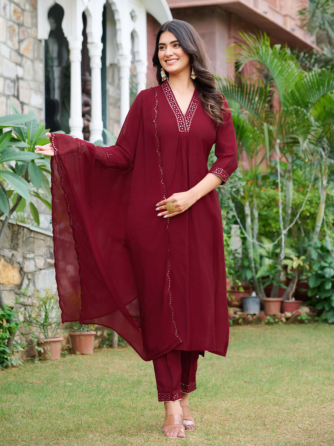 V-Neck Maroon Color Silk Women Kurta Set