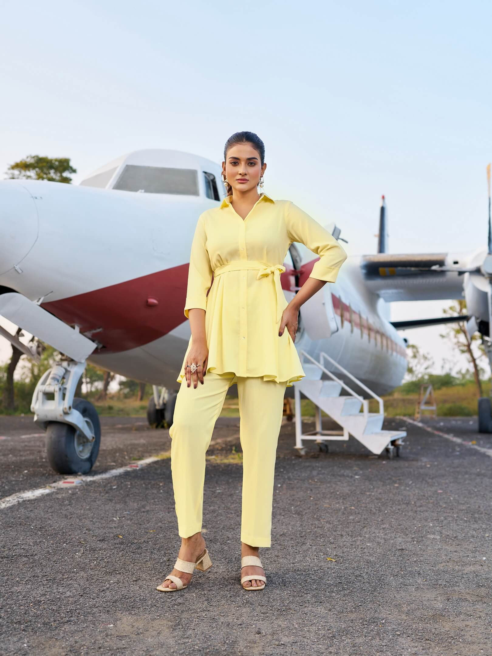 Women Yellow Color Silk Blend 2 Piece Co-Ord Set