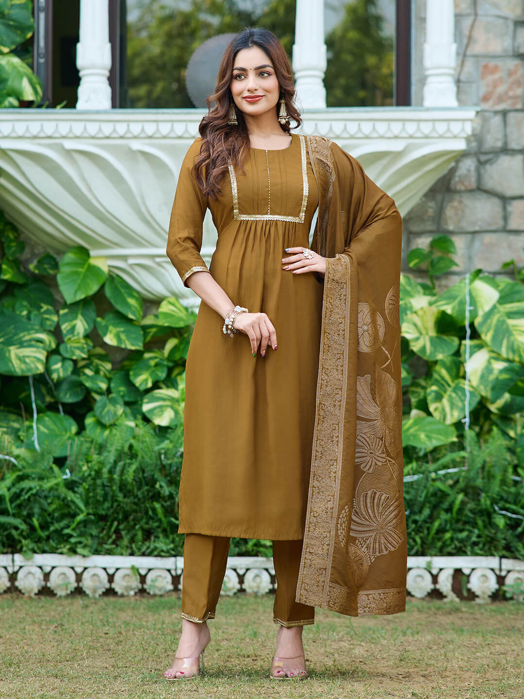 Round Neck Brown Silk Women Kurta Set