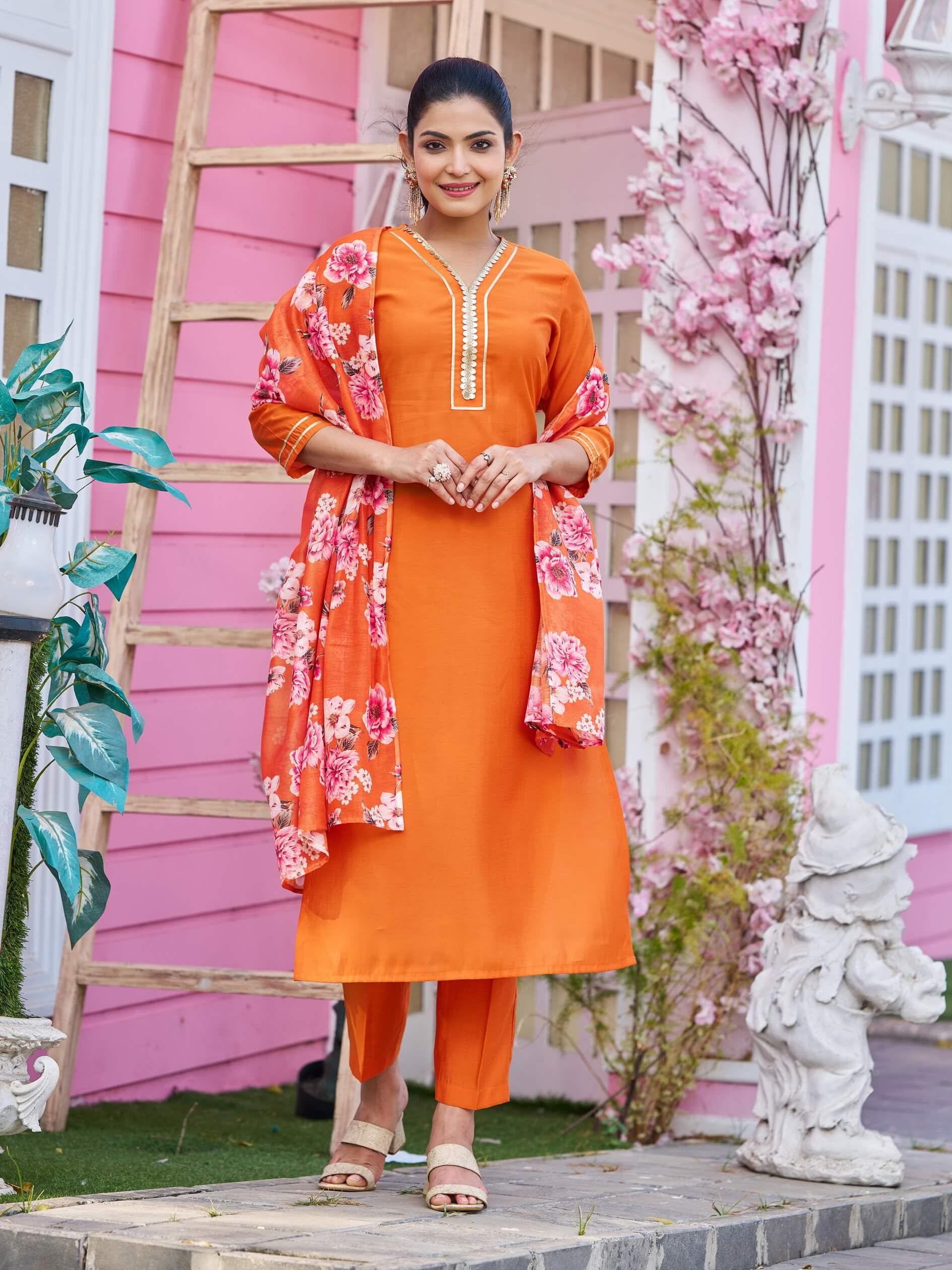 Women V-Neck Pure Silk Orange Color Kurta Suit Set