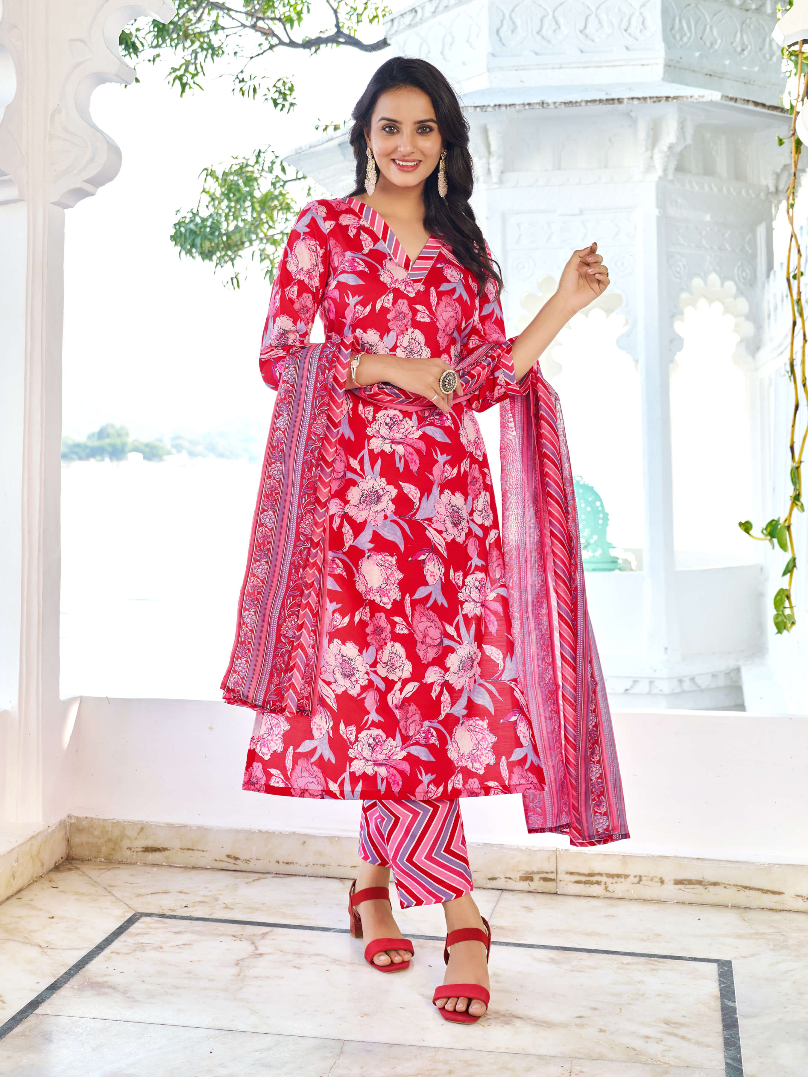 V-Neck Cotton Red Color Kurta Suit Set