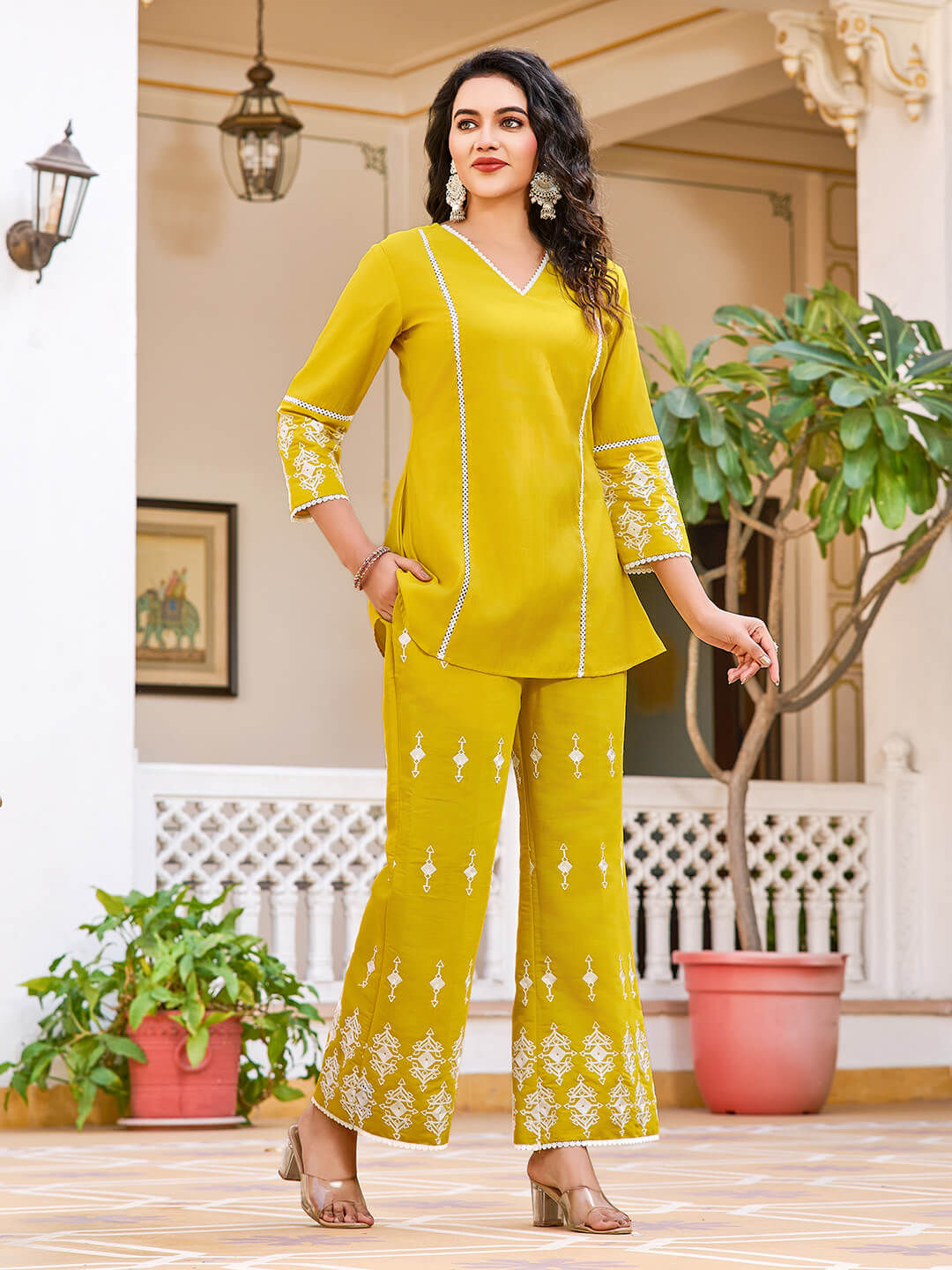 Women V-Neck Mustard Color Co-ord Set