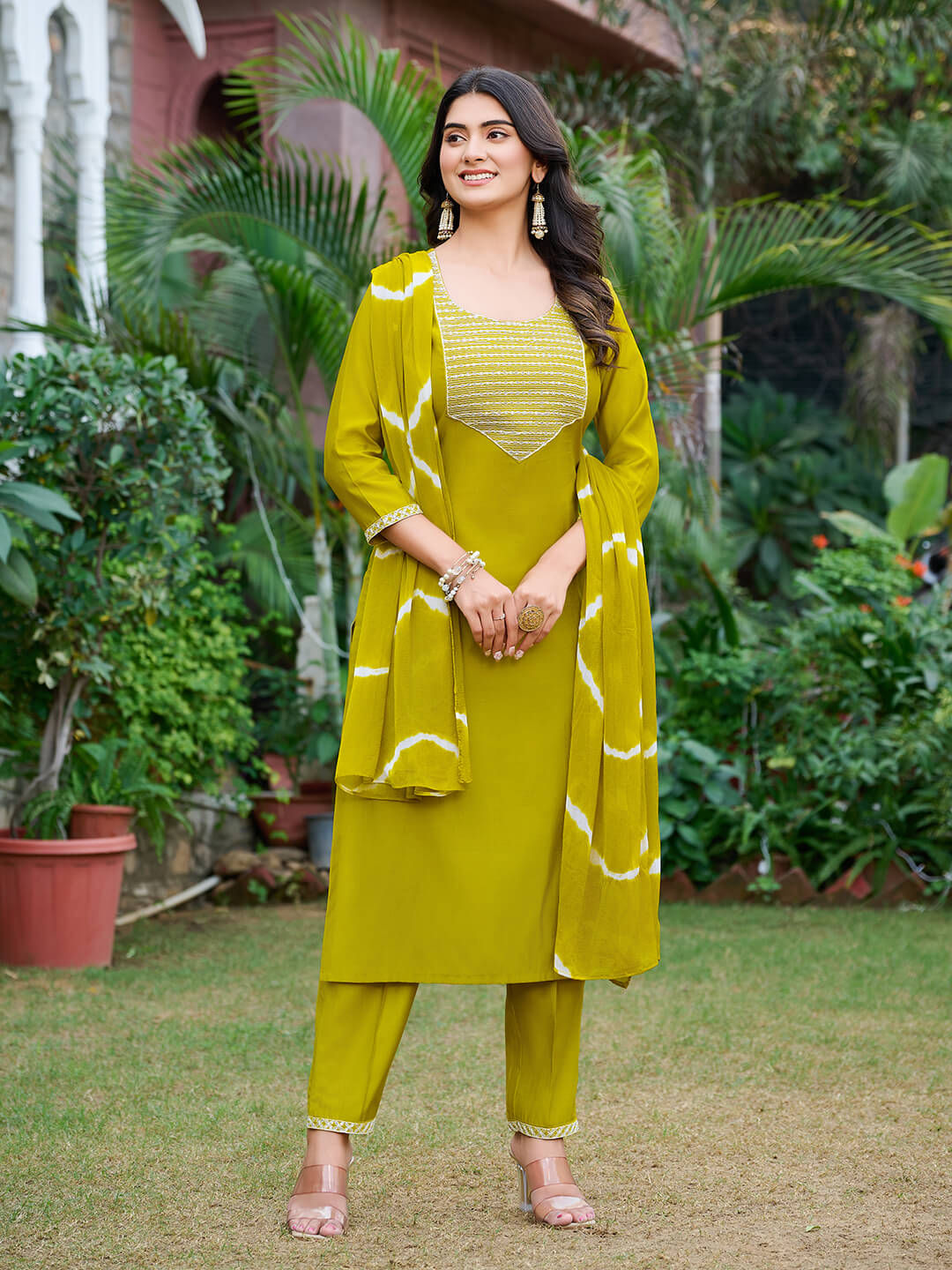 Olive Round Neck Silk Women Kurta Suit Set