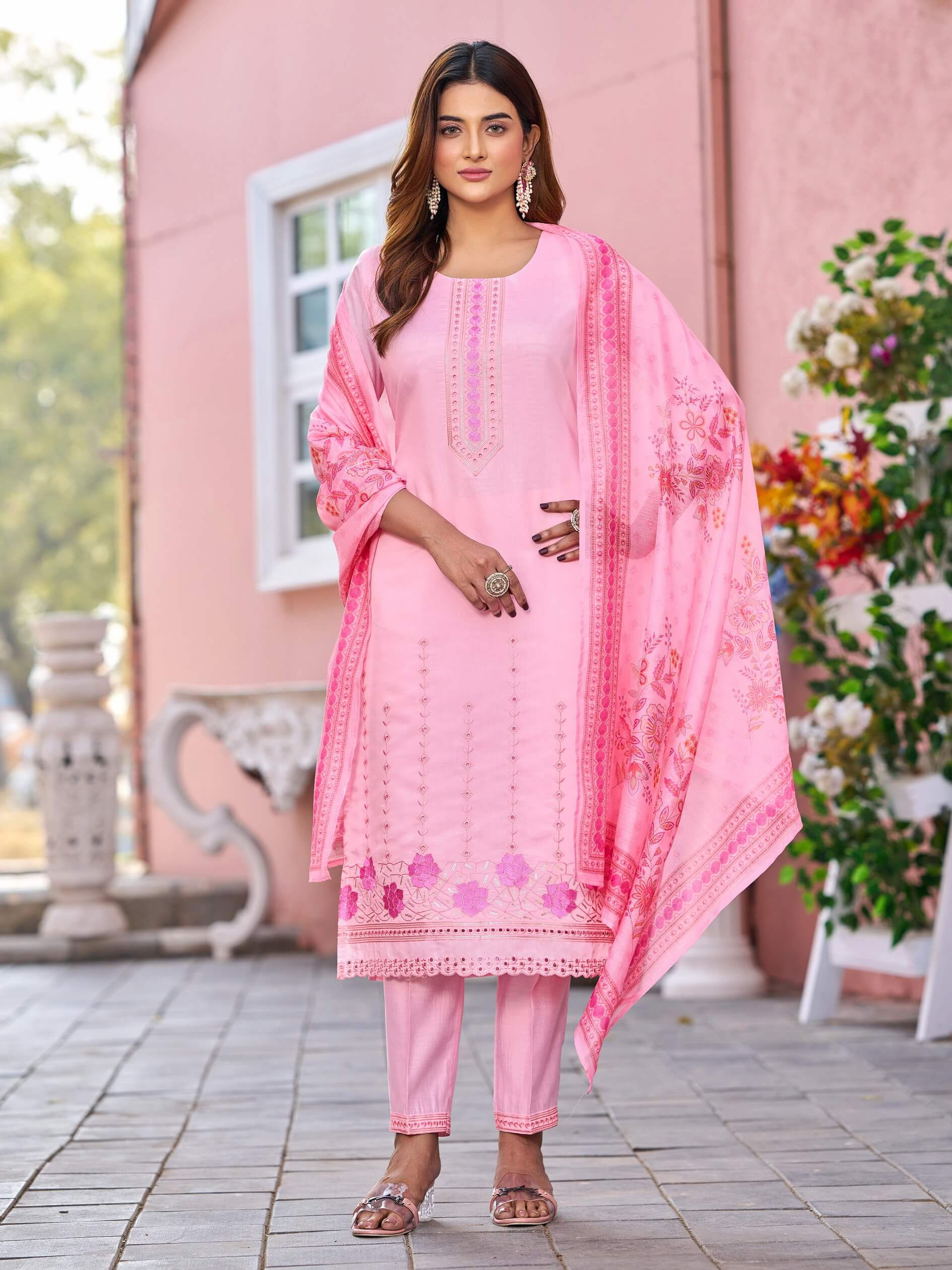 Pure Silk Round Neck Pink Color Women Kurta Suit Set