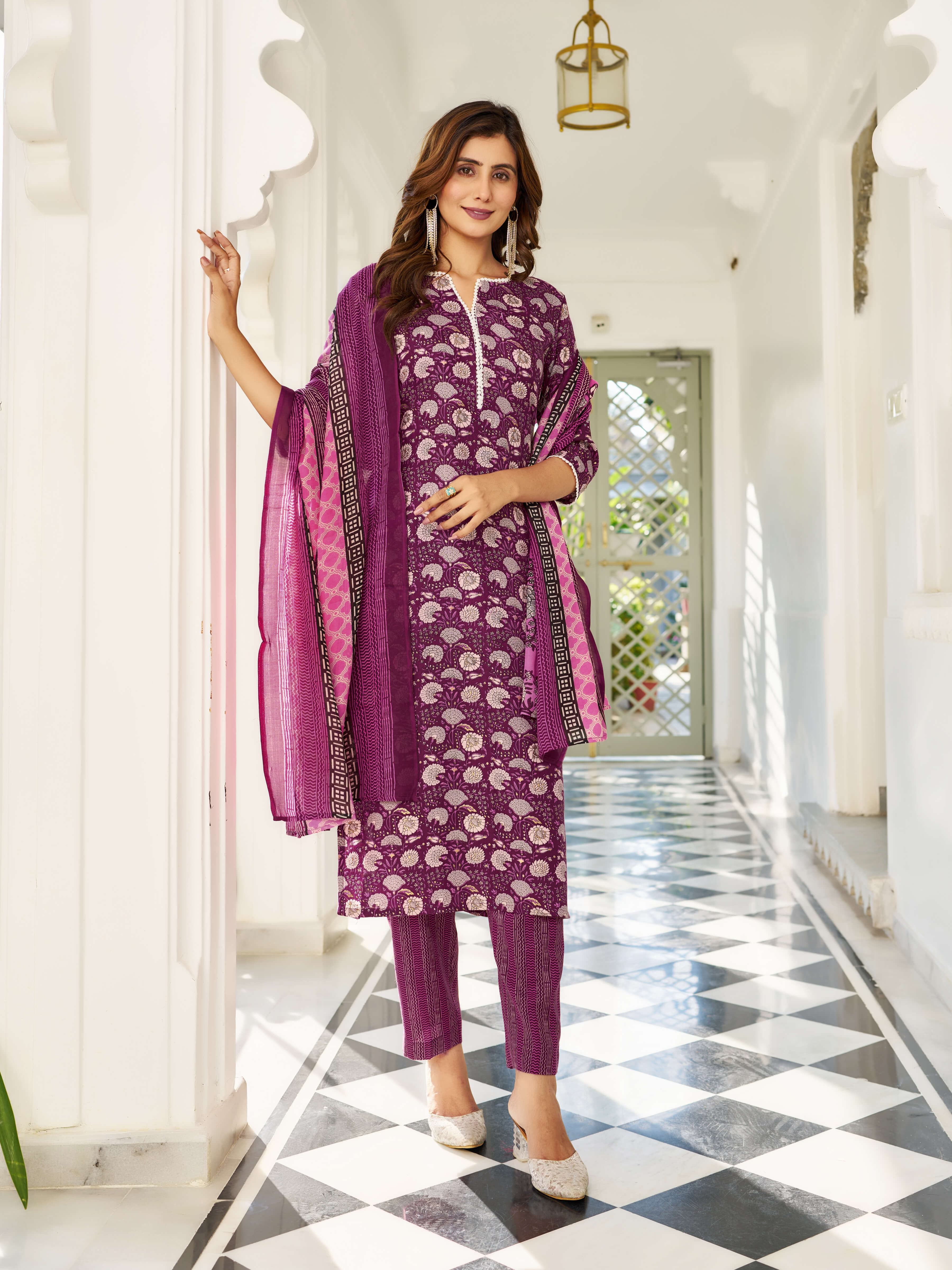 Keyhole Neck Cotton Wine Women Kurta Suit Set