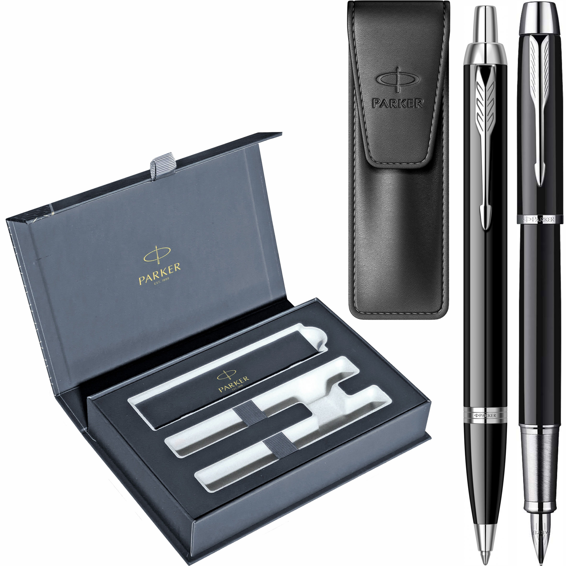 Stilou Pix IM Standard Black CT cu Etui Leather Black si Cutie Duo Parker Royal