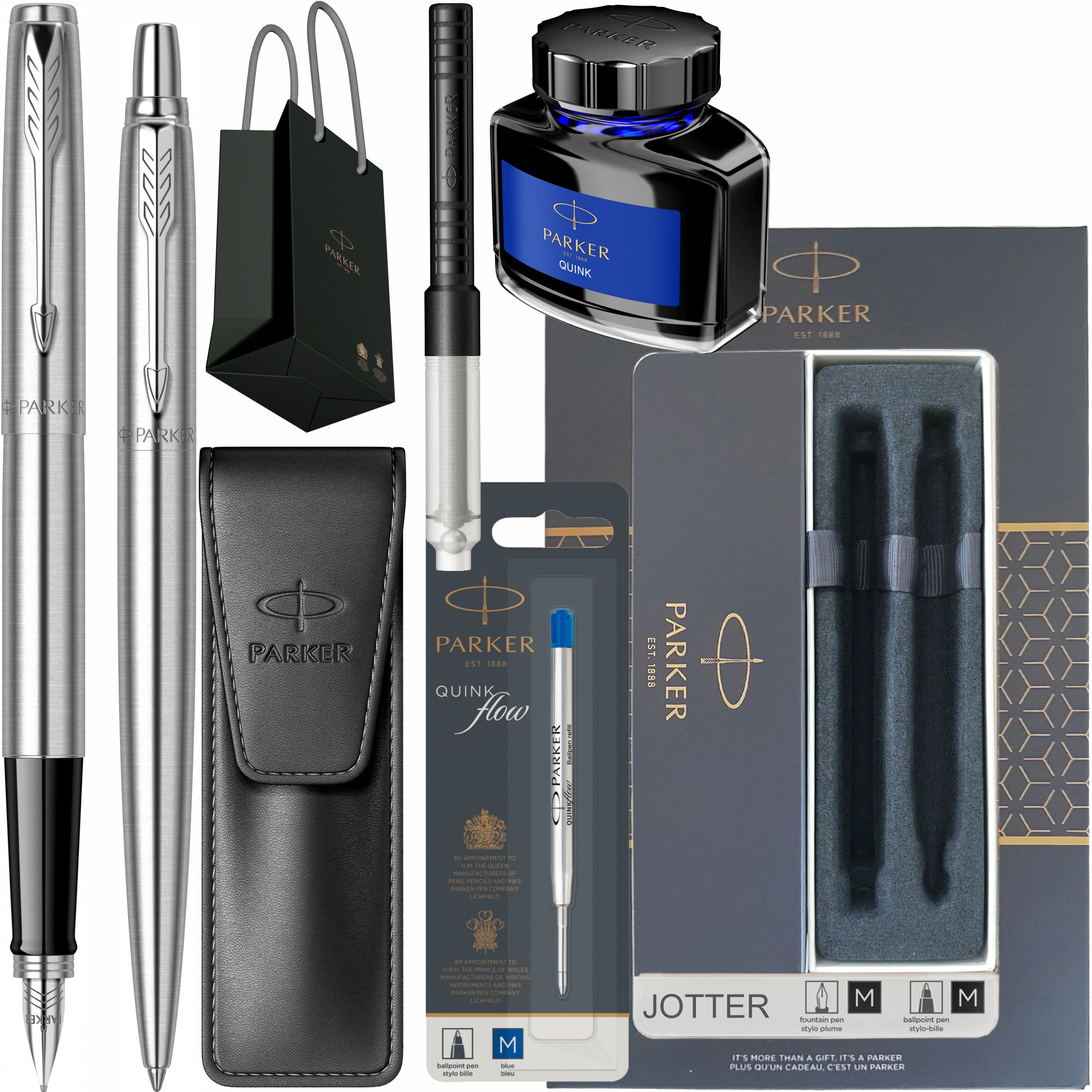 Set Jotter Stainless Steel CT cu Etui, Rezerva Pix, Convertor, Calimara, Punga