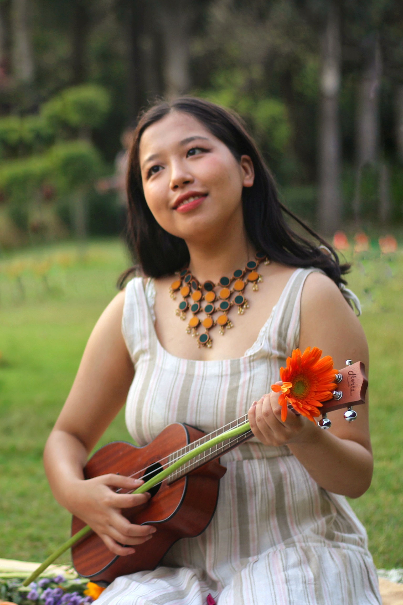 Whe Festive Yellow Green Upcycled Fabric and Repurposed Wood Statement Choker