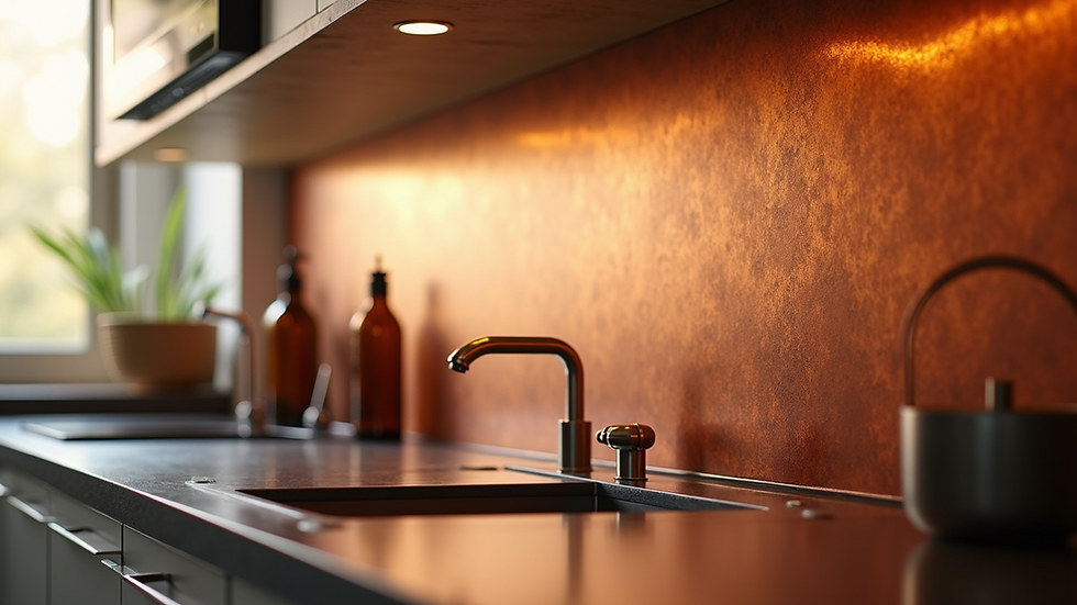 Close-up view of a copper kitchen backsplash reflecting warm light