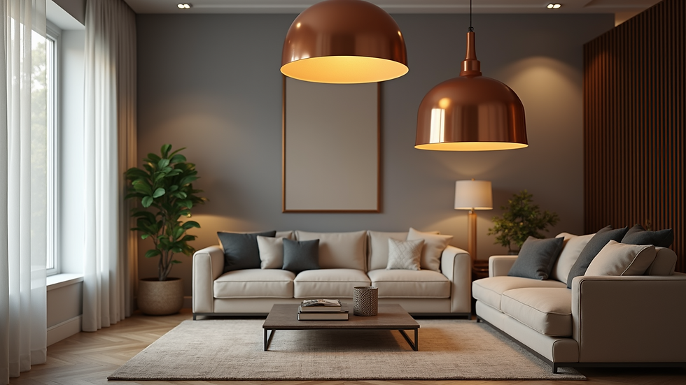 Eye-level view of a living room with copper pendant lights and decorative accents