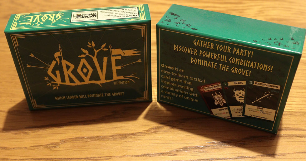The Grove card game box with each half of the box stood on end. The main text on the inner box reads 'GATHER YOUR PARTY! DISCOVER POWERFUL COMBINATIONS! DOMINATE THE GROVE!'