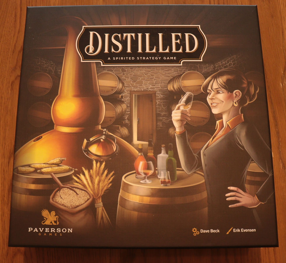 The Distilled game box. It features a cartoon image of a well-dressed lady tasting an alcoholic beverage in a distillery