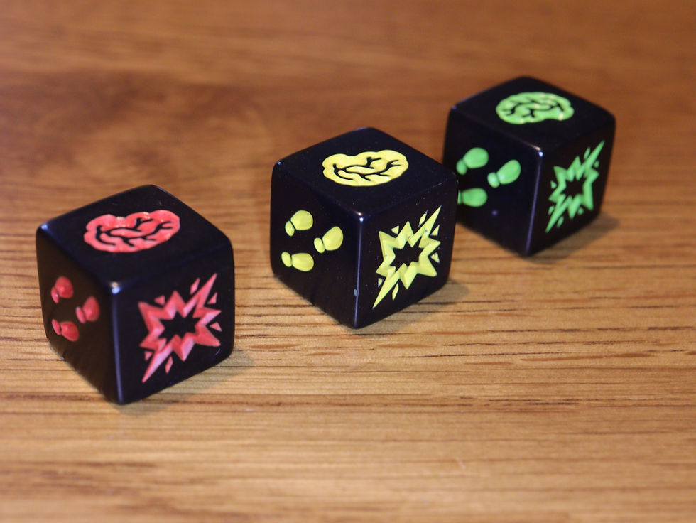 An example of each of the three colours dice in the game Zombie Dice showing each of the three unique die faces: footsteps, a blast symbol, and a brain .