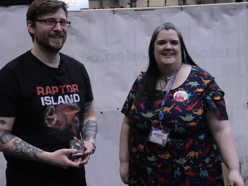 Photograph of Dino-Girl with Daniel Hayball creator of Raptor Island