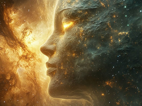 A glowing human face formed from stars and nebulae, split by gold and dark space in a surreal cosmic scene.