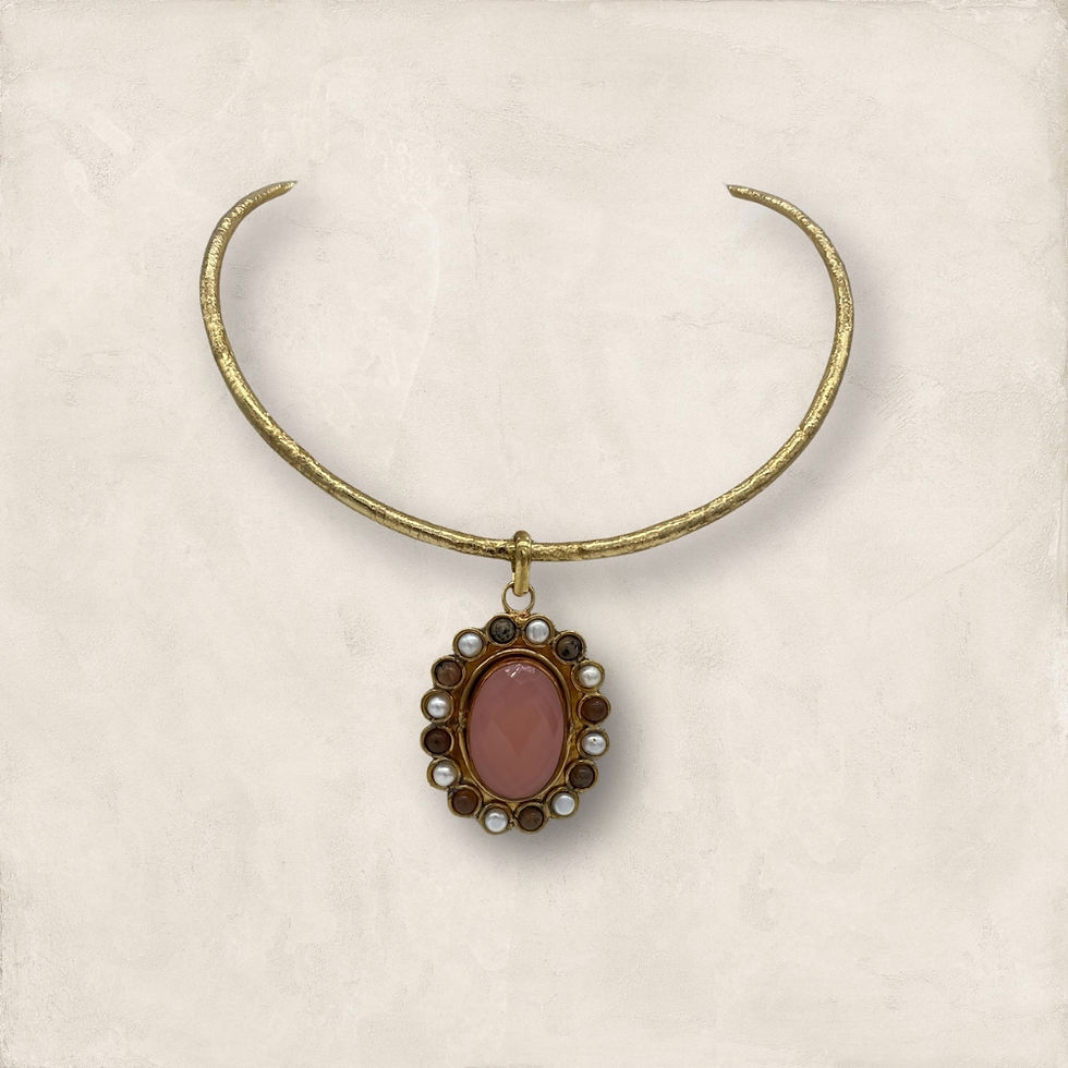 Brass & Copper Pendant w/ Faceted Rose Quartz, Brown Jasper & Pearl