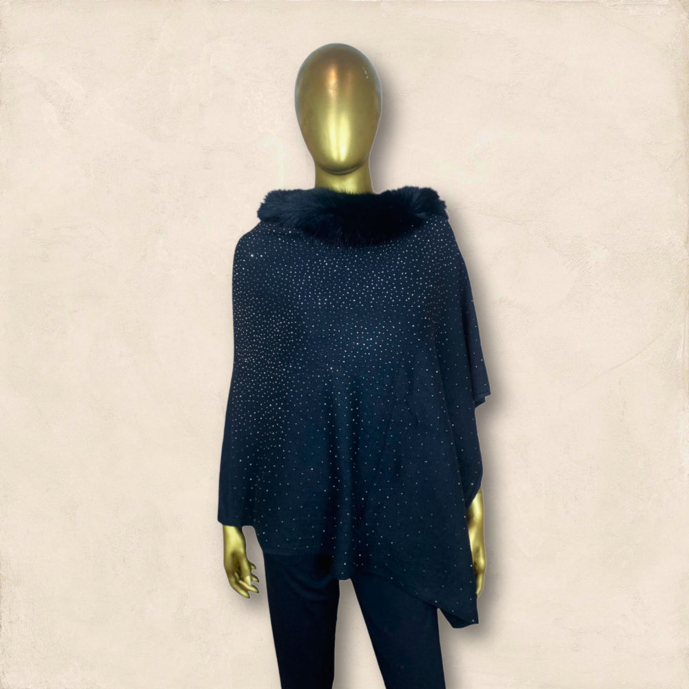 Embellished Poncho with Faux Fur Collar